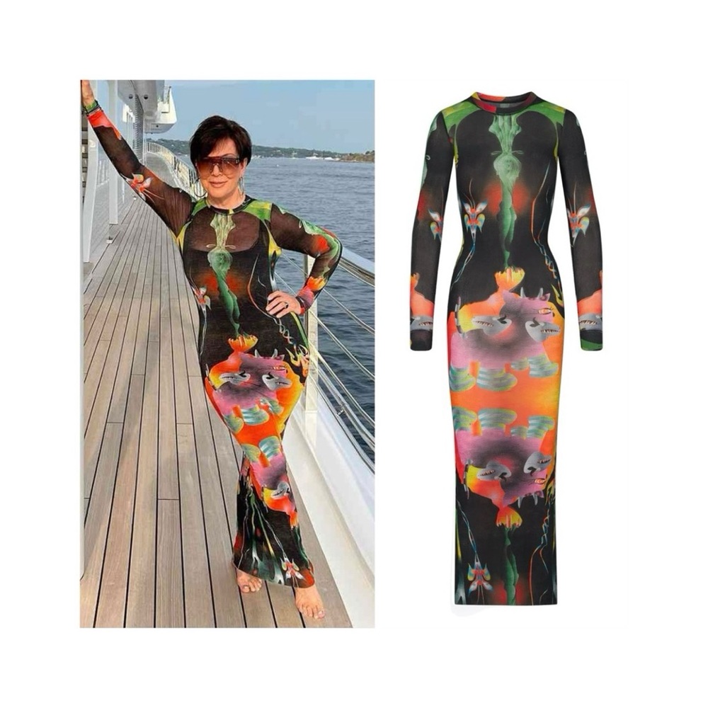 Skims Summer Mesh Long Sleeve Dress (Sz S) Obsidian Print Maxi Black Multi